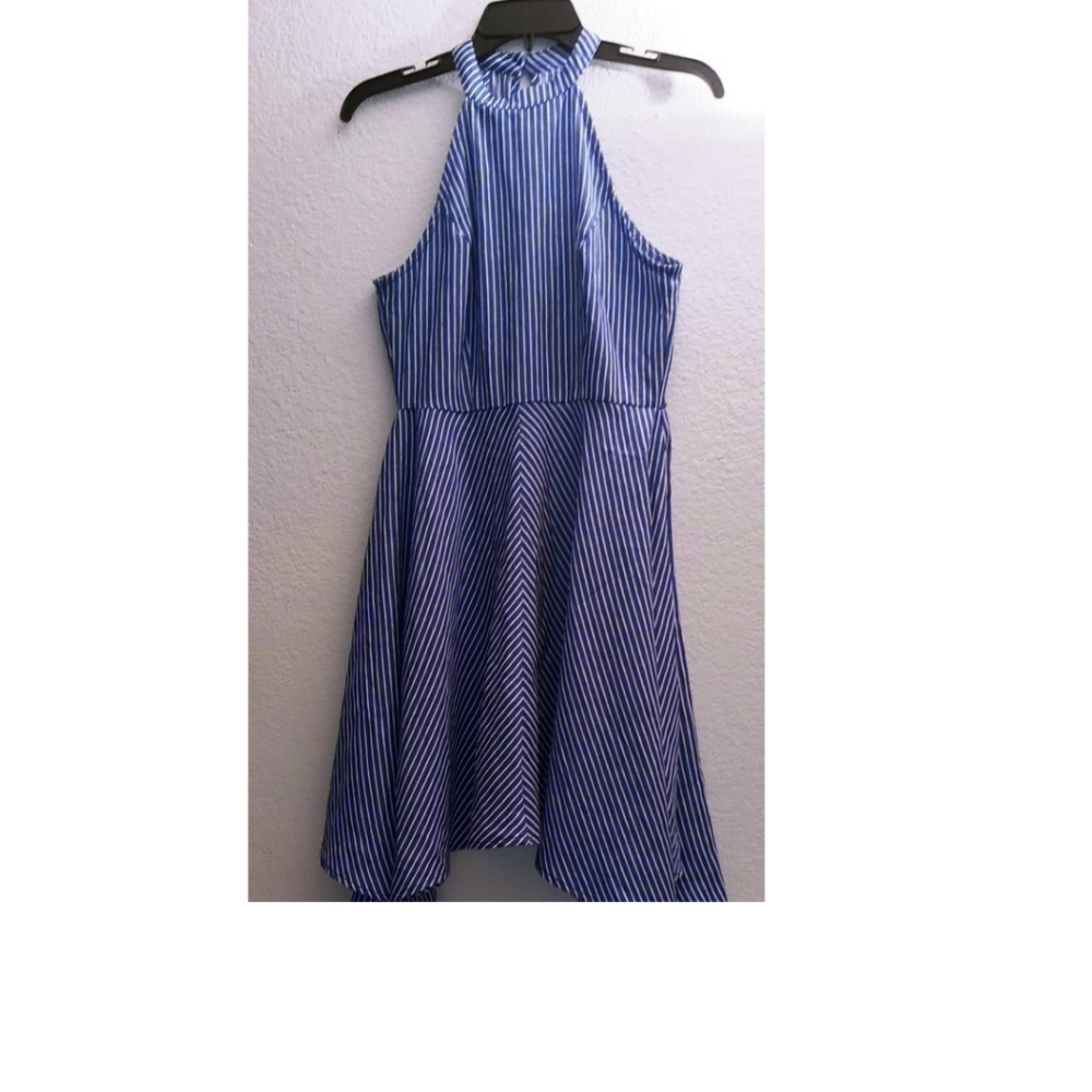 Jealous Tomato Blue & White Striped Asymmetrical Keyhole back  Dress-S